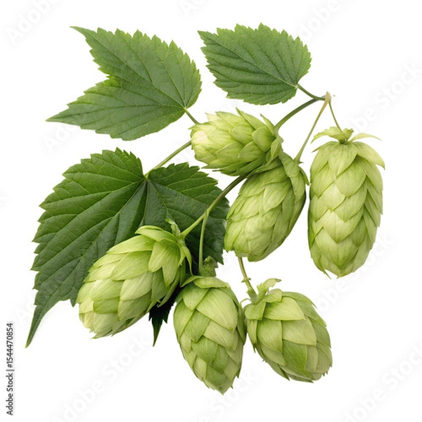 Fototapeta Collection of fresh hop seed cones and leaves with transparent shadows, perfect for food design elements, all displayed