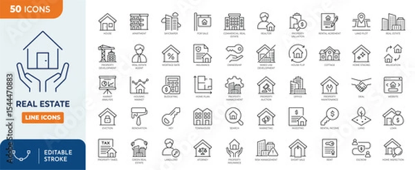 Obraz Real Estate line editable icon set. Containing Purchase and sale of housing, House, Agent, realty, property, mortgage, home loan and more. Editable stroke. Vector illustration