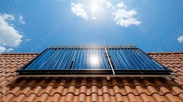 Fototapeta Solar water heater on resort villa rooftop, blue sky backdrop. Using sunlight for energy-efficient heating, eco-friendly hot water system. Eco-technology system for renewable power