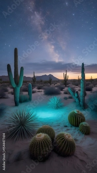 Fototapeta Desert cacti illuminated at night under the Milky Way galaxy