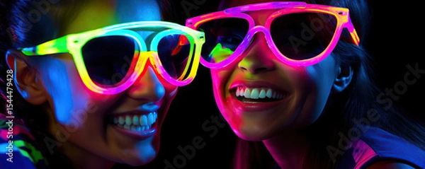 Obraz Two friends enjoying a vibrant night out with neon glasses at a lively event