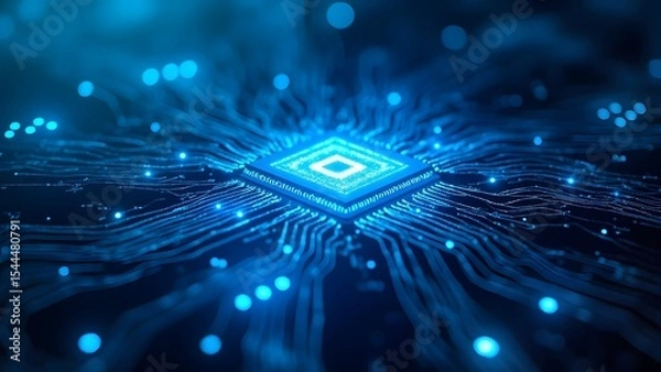 Fototapeta Glowing blue microchip and circuitry concept technology meaning
