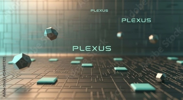 Fototapeta Plexus design with polygonal shapes and chips on a circuit board with the word plexus in the background