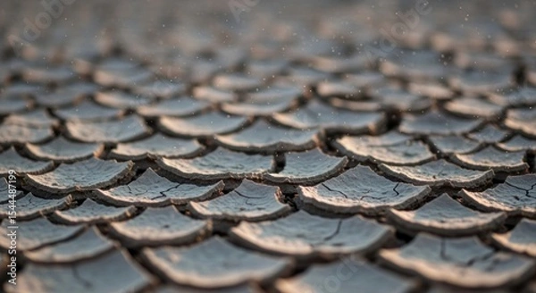 Fototapeta A close up shot of a cracked and dry earth surface with a pattern of polygons in a desert landscape