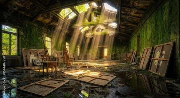 Fototapeta Sunlight streams through broken roof of abandoned art studio with canvases and easels scattered around