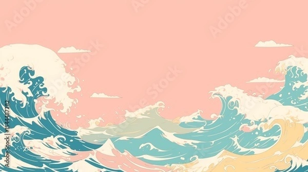 Fototapeta パステルカラーの波の日本画風