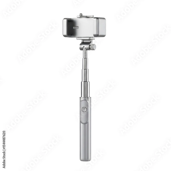 Fototapeta A modern silver selfie stick with an extendable arm and adjustable phone holder, perfect for capturing self portraits and group photos on the go.
