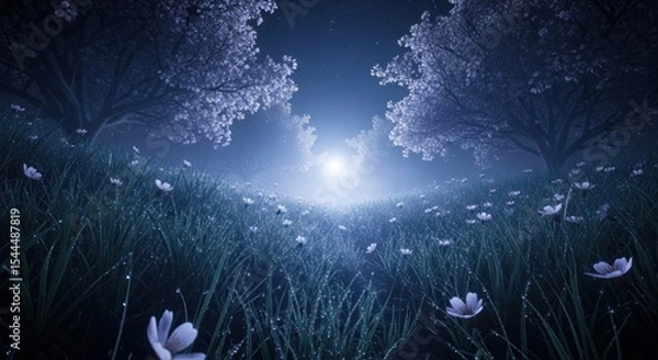 Fototapeta A dreamy landscape with white flowers and grass under a night sky with a bright light source ahead