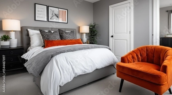 Fototapeta Une chambre à coucher moderne avec un grand lit, une palette de couleurs blanc, gris et orange, un fauteuil en velours, une plante verte et des œuvres d'art accrochées au mur.