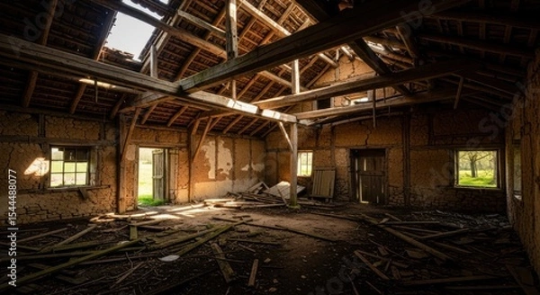 Fototapeta Interior view of a dilapidated building with broken roof beams and debris scattered on the floor space