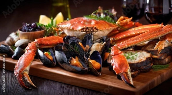 Fototapeta Un plateau en bois avec divers fruits de mer, dont des pattes de crabe et des moules, disposées sur une table avec des verres de vin rouge en arrière-plan.