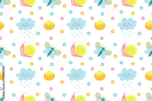 Obraz Beautiful cartoon seamless pattern. Snail is smiling,  cute cloud with raindrops,  bright yellow flower, and  butterfly. Environment. For wallpapers, textiles, backgrounds, packaging, or websites.