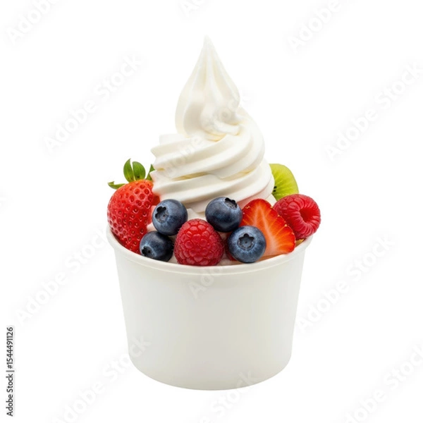 Fototapeta A refreshing frozen yogurt dessert in a white cup, generously topped with an assortment of fresh, colorful berries and sliced kiwi.
