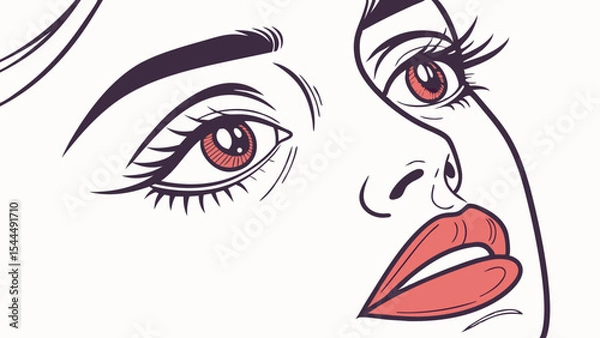 Fototapeta Close up portrait of a woman with red lips and eyes looking up with black lines and white background