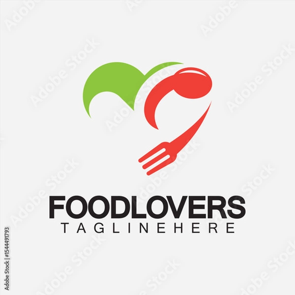 Obraz Food lover concept logo. Fork and spoon with love shape logo icon design for restaurant logo template