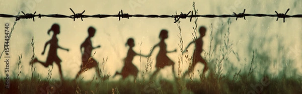 Fototapeta Double exposure silhouette of barbed wire with transparent overlay of diverse children playing in slow motion, vintage faded filter effect, conceptual contrast of freedom and restriction.