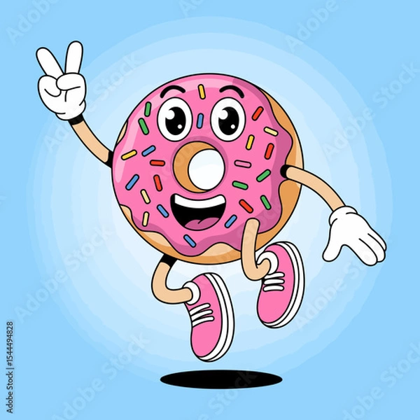 Fototapeta Donut Character with Peace Sign and Clouds