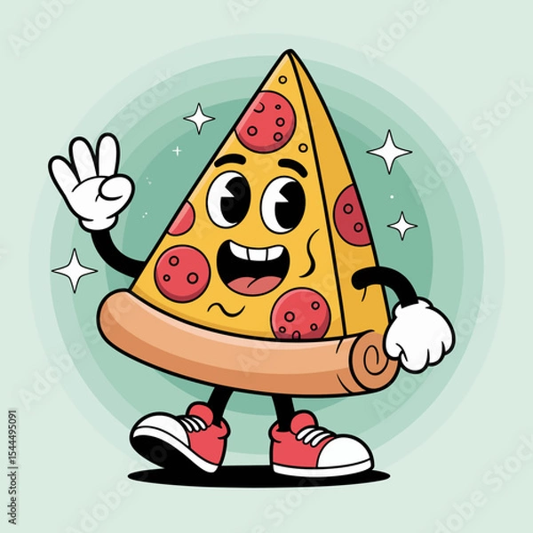 Fototapeta Pizza Character with Stars and Bubbles