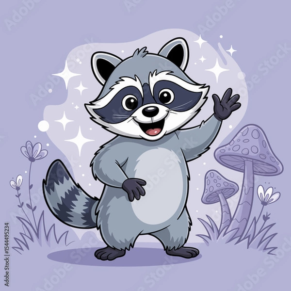 Fototapeta Cartoon Raccoon with Sparkling Mushrooms