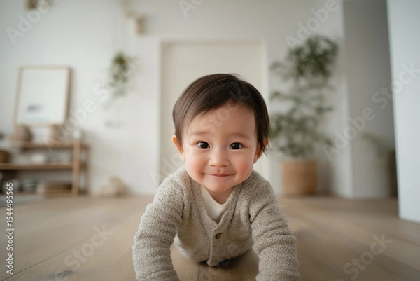 Obraz Smiling toddler crawling on wooden floor in bright modern room with cozy, simple decor