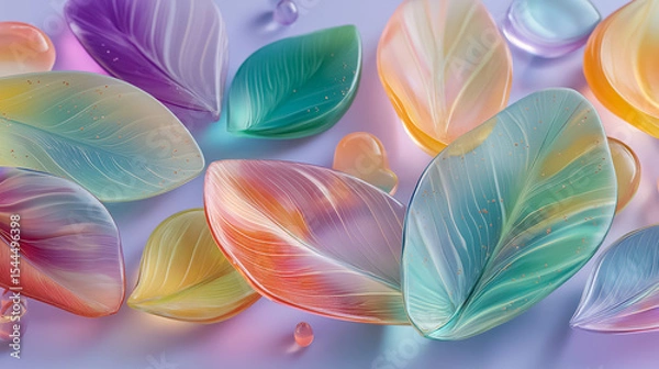 Obraz Abstract leaf shapes made of translucent recycled plastic floating on a soft pastel background, symbolizing sustainable beauty