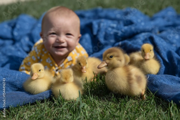 Obraz Baby giggling next to ducklings on lush grass, bold blue blanket, bright sunlight, playful mood