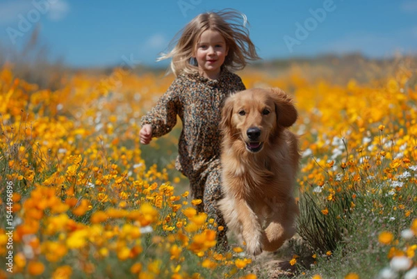 Obraz Laughing toddler running with golden retriever in flower field, bright sun, vivid sky, joyful energy