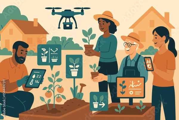 Fototapeta In a sunny suburban community garden, four diverse gardeners collaborate using cutting-edge technology
