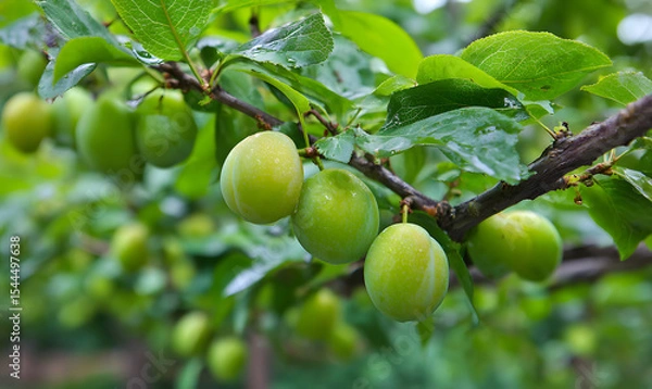 Fototapeta Close-up of ripe green plums on a green plum tree. generative ai