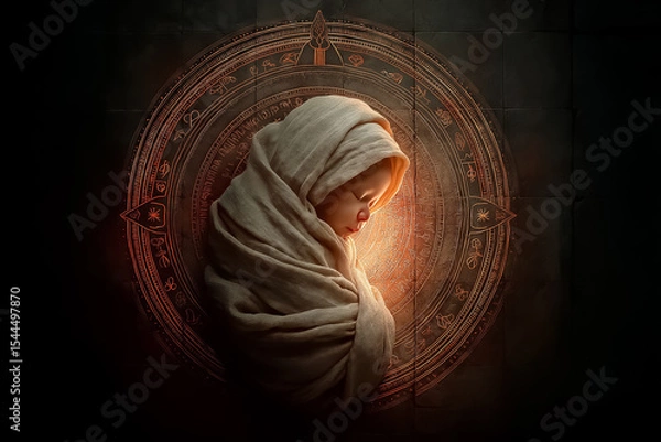 Obraz Newborn wrapped in soft glowing light, surrounded by hope and protection symbols, preserving innocent life