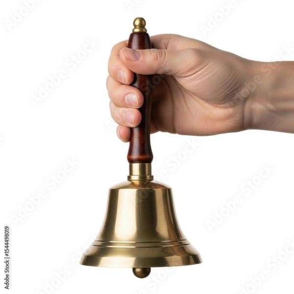 Fototapeta A human hand firmly grips a traditional polished brass handbell with a dark wooden handle, ready to ring for attention or service.