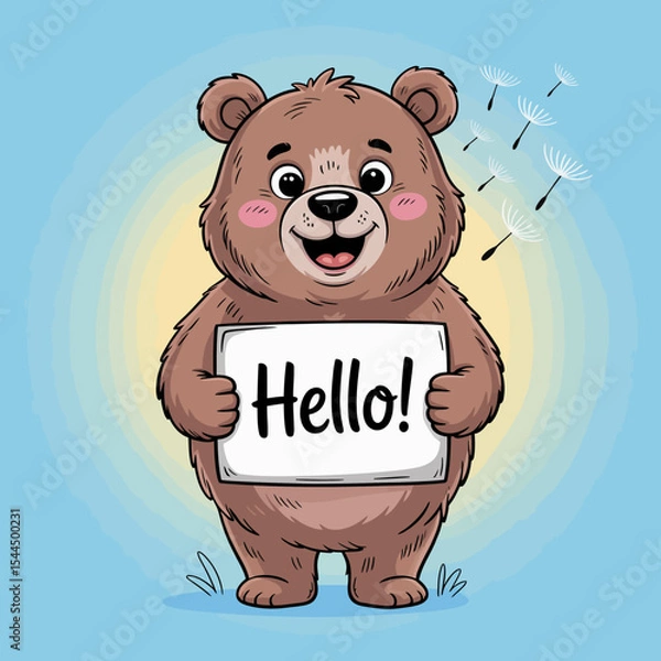 Fototapeta Cheerful Bear with Hello Sign