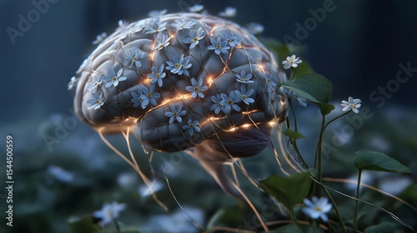 Obraz Brain entwined with wildflowers and ivy, neurons glowing softly like dewdrops, symbolizing organic thought