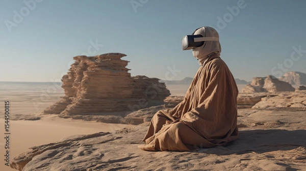 Obraz Monk wearing VR goggles in timeless desert landscape, merging ancient wisdom with virtual awakening