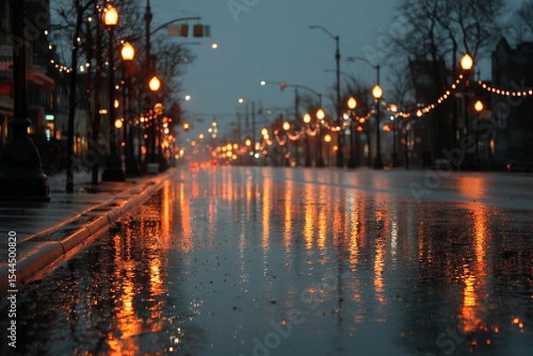 Obraz Gentle rain falling on quiet city street at dusk, streetlights reflecting on wet pavement, soft glow, peaceful ambiance