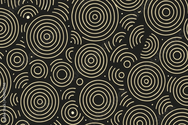 Fototapeta Abstract pattern of concentric circles and curved lines on black background.