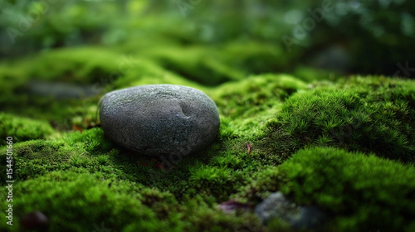 Obraz Perfectly placed stone surrounded by smooth green moss, captured in soft diffused light, emphasizing calmness and simplicity