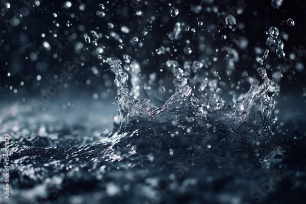 Obraz slow motion rain droplets suspended mid-air, fluid motion, dark background, dramatic detail