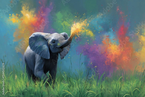 Obraz Baby elephant spraying colorful paint from trunk in green meadow, cheerful and playful