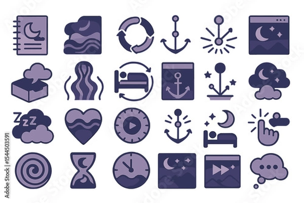 Fototapeta Dark-themed dream and sleep icon set with moons, anchors, and clouds
