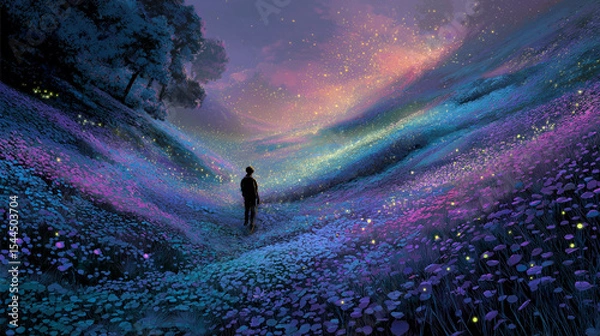 Obraz Human figure walking through field of glowing flowers, each transforming sunlight into energy orbs lighting the path