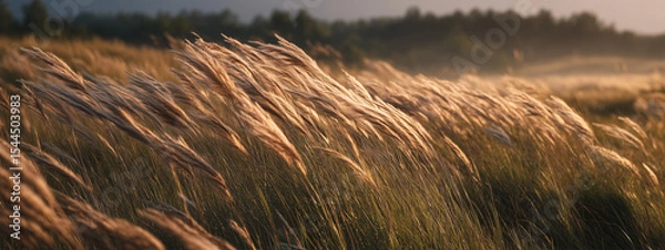 Obraz Field of tall waving grasses with soft golden light and gentle breeze in background