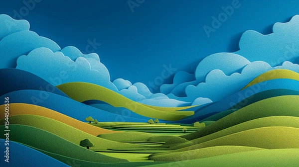 Obraz Smooth paper-cut style layers of green hills and blue sky, symbolizing environmental harmony