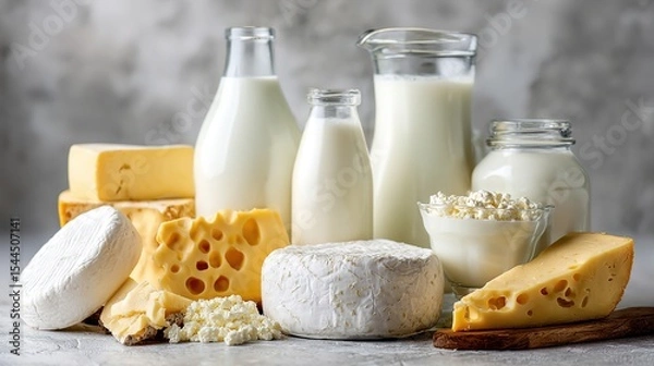 Obraz Fresh milk bottles and cheese wheels arranged with assorted dairy products, showcasing natural farm freshness and wholesome goodness.