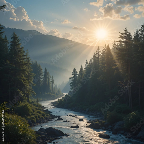 Fototapeta The sun's rays illuminate the forest river