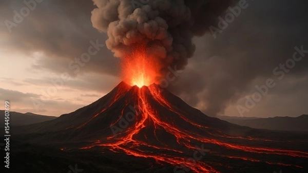 Obraz A volcanic eruption spews lava and thick smoke into the sky, with glowing molten rock flowing down the slopes at dusk.