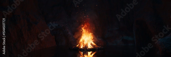 Fototapeta Passage through dark cave with burning bonfire. 3D Rendering