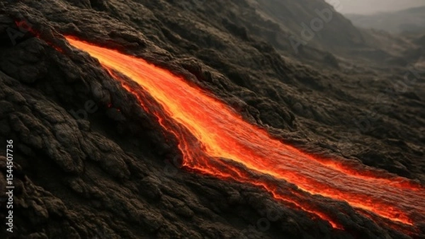 Obraz Molten lava flows down a rocky volcanic slope, glowing bright orange against the dark solidified lava and rugged terrain.