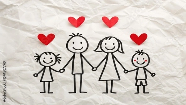 Obraz A cheerful stick-figure family of four holding hands with red hearts floating above them on crumpled paper background.
