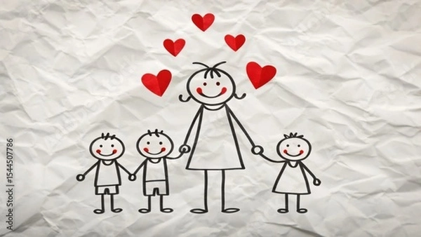 Obraz A simple stick-figure drawing of a happy mother holding hands with three smiling children, surrounded by red hearts on a crumpled paper background.